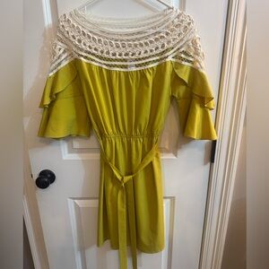 Esley bright Mustard flutter Sleeve Dress with Crochet Detail